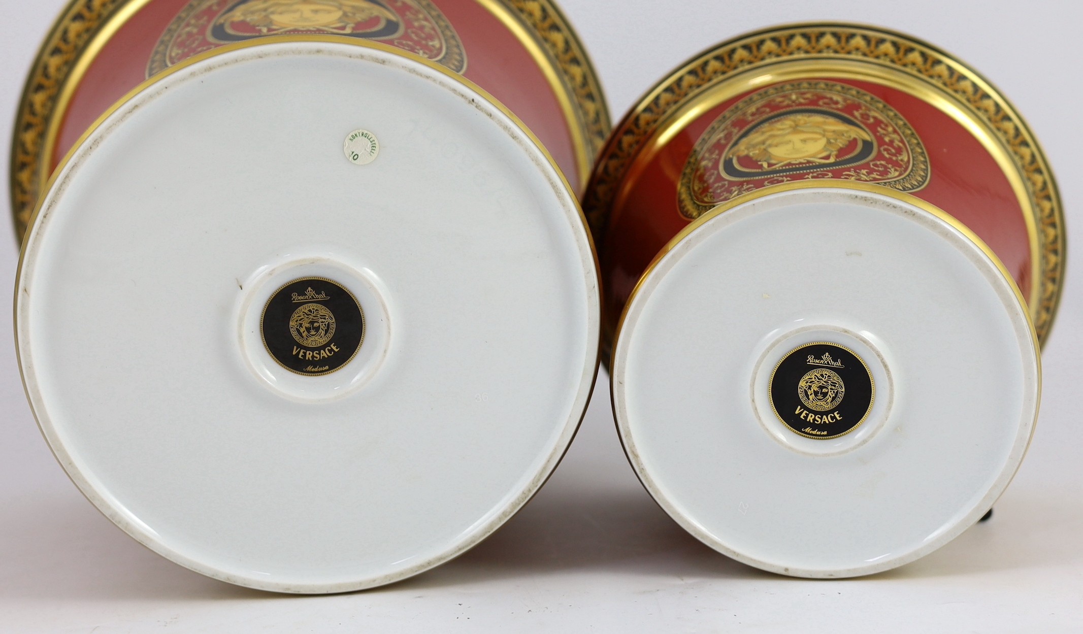 Rosenthal for Versace. A graduated pair of Medusa pattern jardinieres, 19.5cm and 14.5cm high